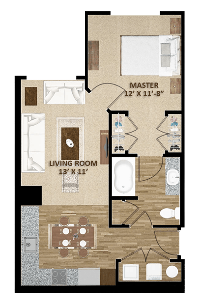 Floor plan for 1 bed, 1 bath, 648 sqft